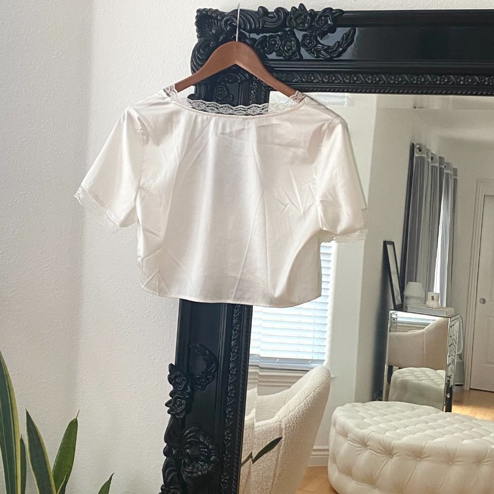 Shein | Women's White Satin Tie-Up Blouse Cropped Lace Shirt - Picture 4 of 6